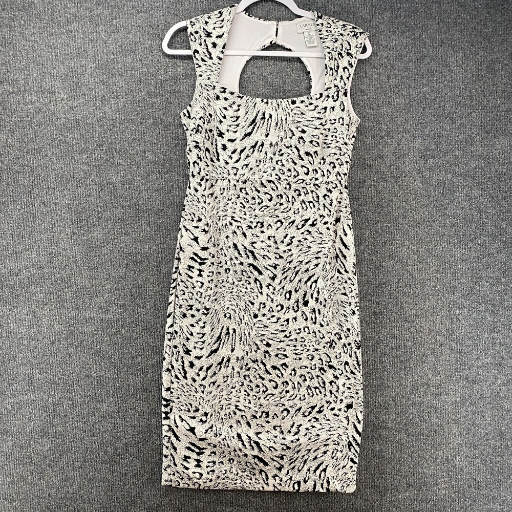 Carmen Marc Valvo Dress Womens XS White Black Square Neck Sheath Office Cocktail